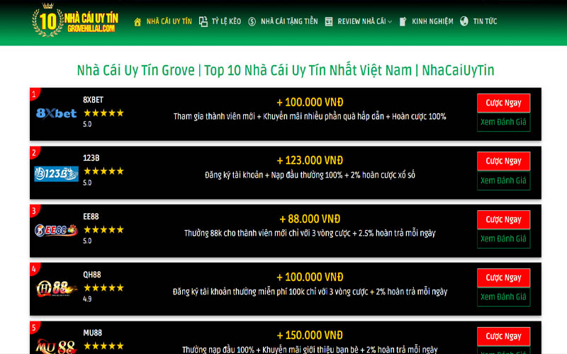 Top 10 nhà cái uy tín Grovehilla